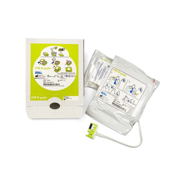 Zoll Plus AED Pads (8900-0800-01), pre-connected defibrillation pads with clear placement instructions for effective use with Zoll AED Plus.